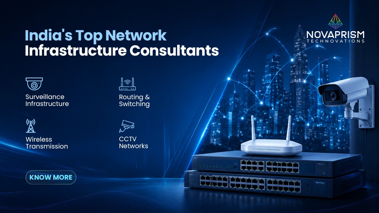 Surveillance infrastructure, routing & switching, wireless transmission, and CCTV network solutions for advanced business connectivity.
